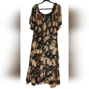 Floral Black and Cream Women's Maxi Dress, Pockets, 2X?